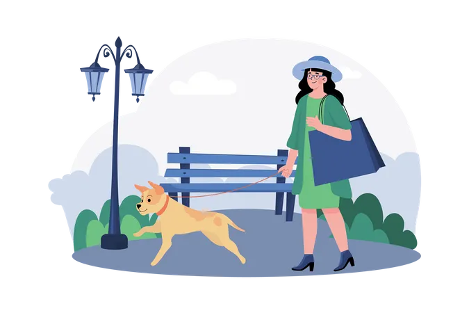 Uma mulher leva seu cachorro para um passeio matinal no parque do bairro  Ilustração