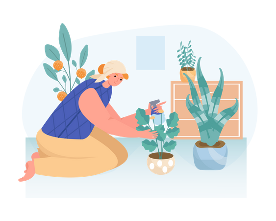 Uma mulher plantando um vaso de flores em casa  Ilustração