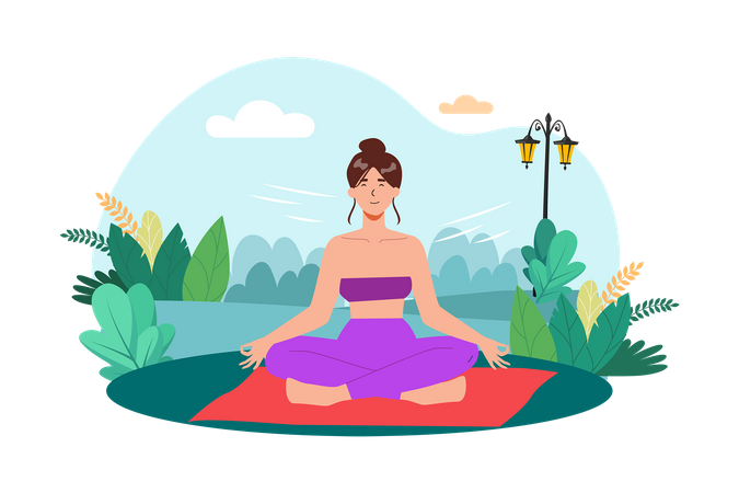 Uma mulher pratica meditação em um jardim tranquilo para começar o dia com calma  Ilustração