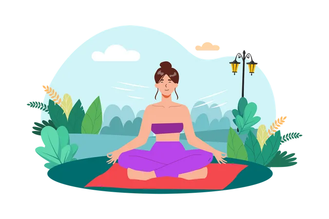 Uma mulher pratica meditação em um jardim tranquilo para começar o dia com calma  Ilustração