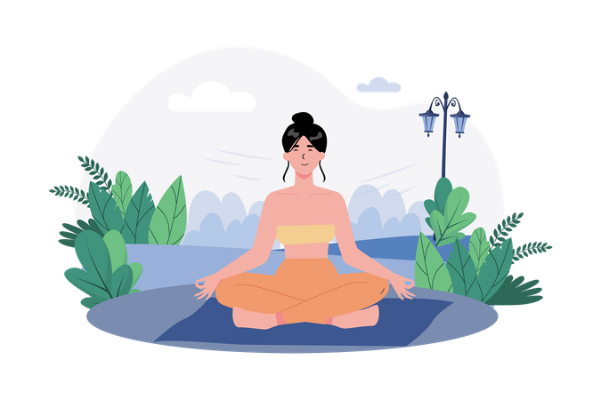 Uma mulher pratica meditação em um jardim tranquilo para começar o dia com calma  Ilustração