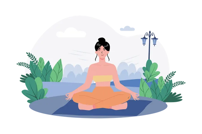 Uma mulher pratica meditação em um jardim tranquilo para começar o dia com calma  Ilustração