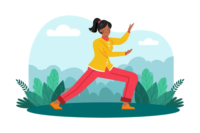 Uma mulher pratica tai chi em um jardim sereno para ter saúde e relaxamento  Ilustração