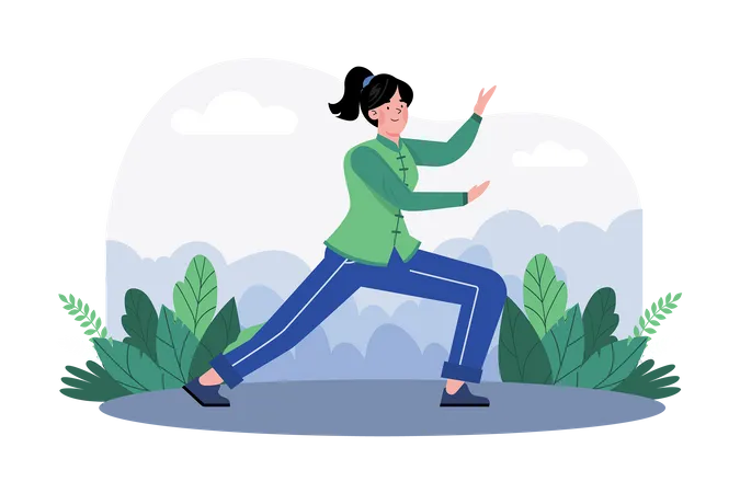 Uma mulher pratica tai chi em um jardim sereno para ter saúde e relaxamento  Ilustração