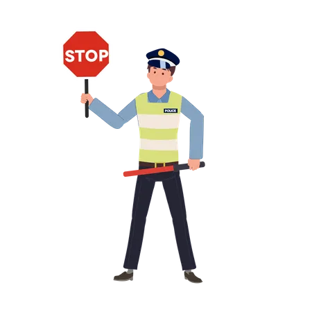 Uma polícia de trânsito segurando sinal de stop e bastão de trânsito  Ilustração