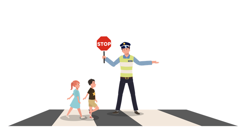 Uma polícia de trânsito está segurando uma placa de pare para permitir que crianças andem na faixa de pedestres  Ilustração