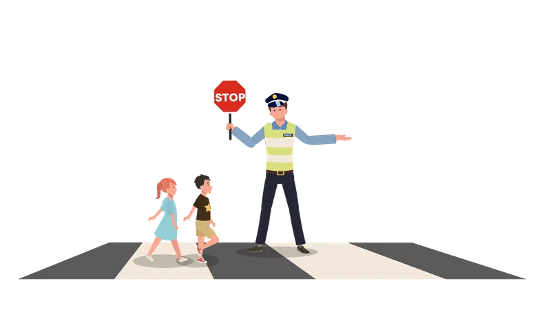 Uma polícia de trânsito está segurando uma placa de pare para permitir que crianças andem na faixa de pedestres  Ilustração
