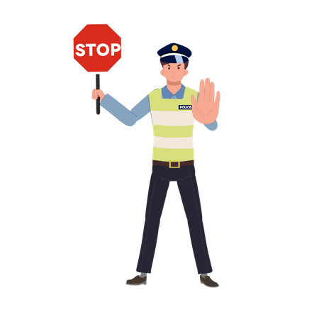 Uma polícia de trânsito segurando placa de pare e gesticulando com a mão  Ilustração