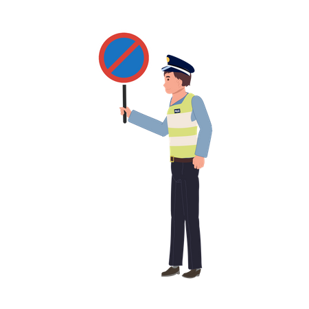 Uma polícia de trânsito segurando uma placa de PROIBIDO ESTACIONAR  Ilustração