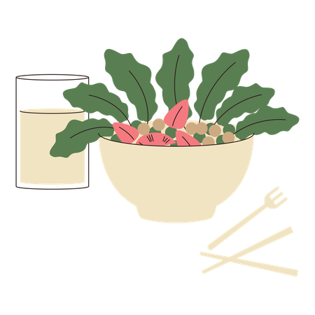 Uma tigela de salada e um copo de água  Ilustração