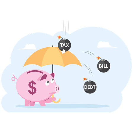 Umbrella protecting piggy bank from debt tax bill  Illustration