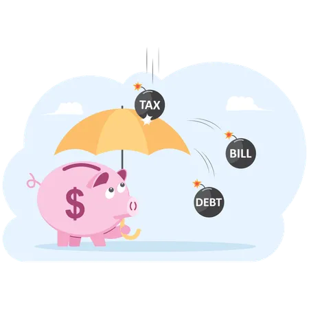 Umbrella protecting piggy bank from debt tax bill  イラスト