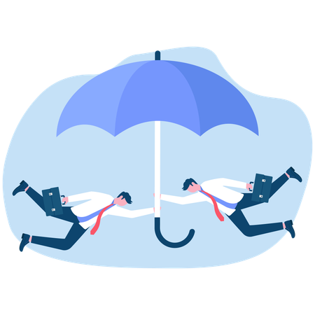 Umbrella protects businessman flying in sky  Illustration