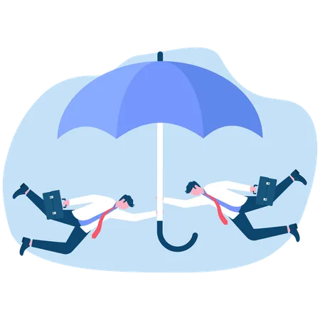 Umbrella protects businessman flying in sky  Illustration