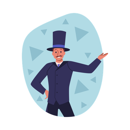 Un actor con esmoquin y sombrero de copa gesticula.  Ilustración