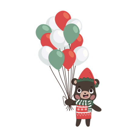 Un adorable oso vestido con un traje de invierno sostiene globos navideños coloridos.  Ilustración