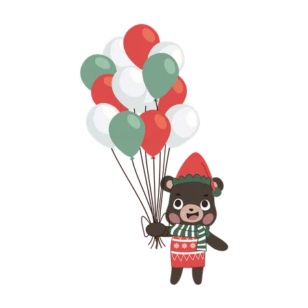 Un adorable oso vestido con un traje de invierno sostiene globos navideños coloridos.  Ilustración