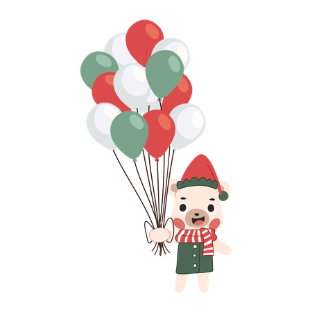 Un adorable oso vestido con un traje de invierno sostiene globos navideños coloridos.  Ilustración