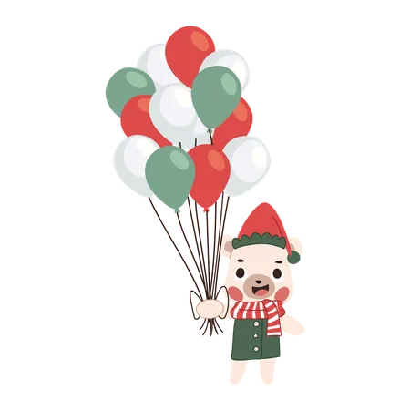 Un adorable oso vestido con un traje de invierno sostiene globos navideños coloridos.  Ilustración