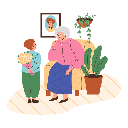 Un adorable petit garçon tenant un bouquet de fleurs pour sa grand-mère dans son dos  Illustration