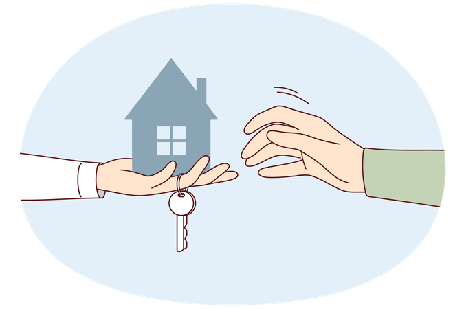 Agente inmobiliario con llave de apartamento nuevo extiende modelo de casa al comprador  Ilustración