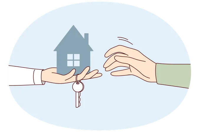 Agente inmobiliario con llave de apartamento nuevo extiende modelo de casa al comprador  Ilustración