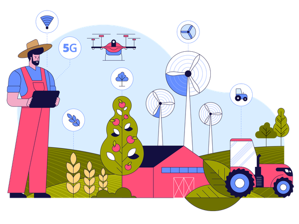 Un agriculteur gère sa ferme à l'aide d'une application d'agriculture intelligente sur une tablette  Illustration