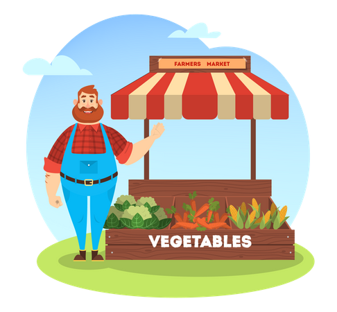 Un agriculteur heureux vend des récoltes biologiques fraîches de la ferme  Illustration