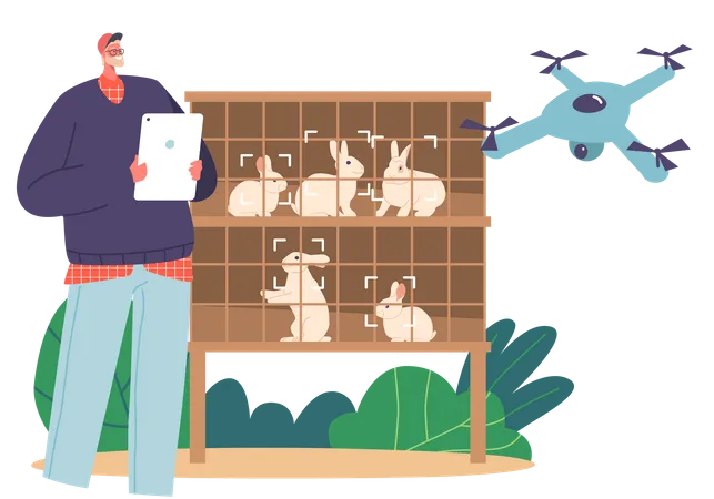 Un agriculteur utilise une tablette pour contrôler un drone afin de surveiller les cages à lapins  Illustration