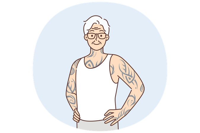 Un hombre mayor con tatuajes en los brazos y el cuerpo se encuentra con las manos en el cinturón orgulloso de su buena salud en la vejez.  Ilustración