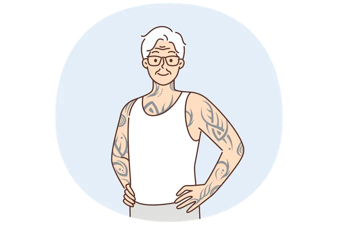 Un hombre mayor con tatuajes en los brazos y el cuerpo se encuentra con las manos en el cinturón orgulloso de su buena salud en la vejez.  Ilustración