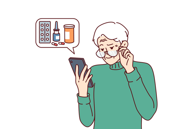 Un anciano pide medicamentos para entrega a domicilio mediante un teléfono móvil desde una aplicación de farmacia  Ilustración