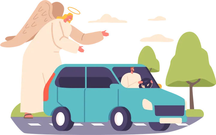 Angel protège le conducteur de la voiture sur la route  Illustration