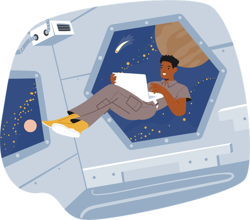 Un astronaute en apesanteur flotte avec un ordinateur portable dans un vaisseau spatial  Illustration