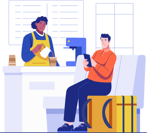 Un barista sert une commande d'un livreur de nourriture  Illustration