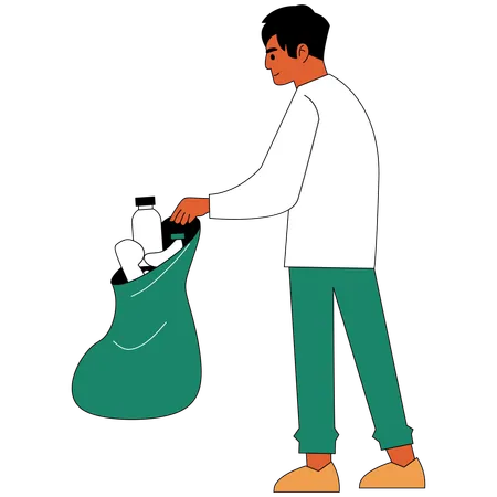 Un bénévole collecte des bouteilles en plastique pour nettoyer l'environnement  Illustration