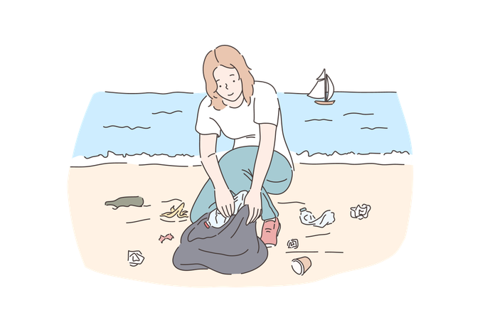 Un bénévole nettoie les déchets de la plage  Illustration