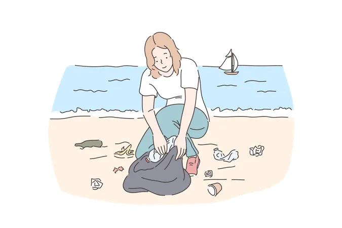 Un bénévole nettoie les déchets de la plage  Illustration