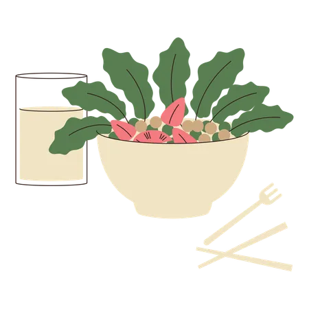 Un bol de salade et un verre d'eau  Illustration