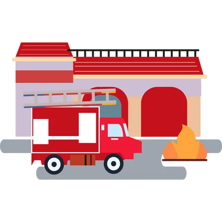 Le camion de pompiers est garé à l'extérieur du bâtiment  Illustration