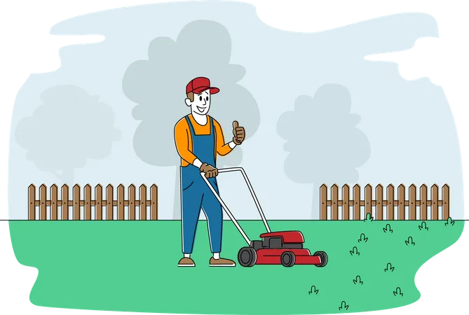 Cottager o trabajador utiliza la máquina cortacésped para cortar el césped en el patio trasero  Ilustración