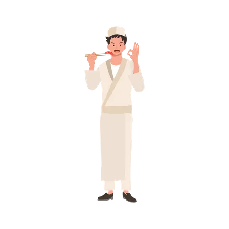 Le chef de sushi masculin tient les sushis par des baguettes et fait signe à la main OK comme une bonne qualité et un bon goût  Illustration