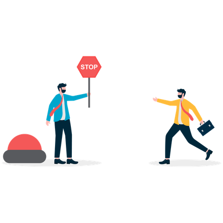 Un chef d'entreprise debout avec un panneau d'arrêt tandis qu'un autre employé court avec une mallette  Illustration