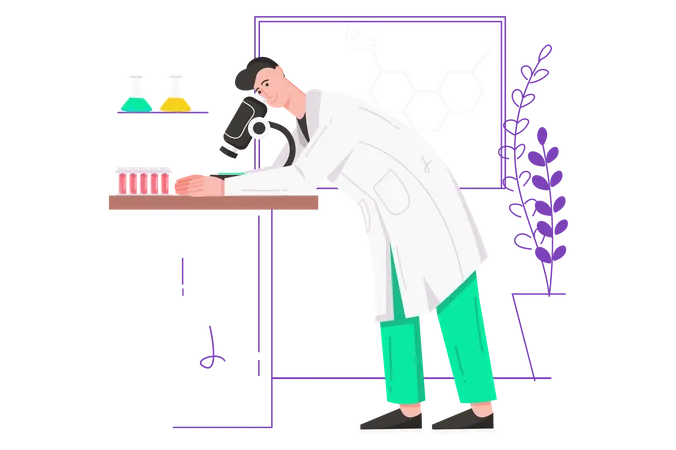 Un chercheur masculin effectue des tests à l'aide d'un microscope et d'équipements  Illustration