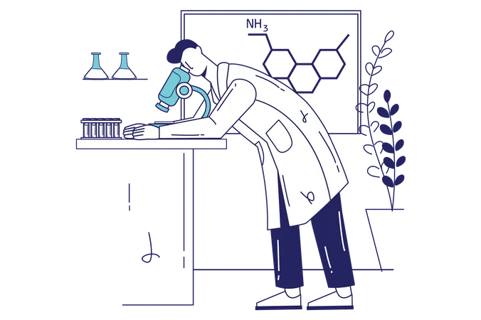 Un chercheur masculin effectue des tests à l'aide d'un microscope et d'équipements  Illustration