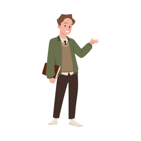 Un chico de secundaria con un libro muestra su mano.  Ilustración