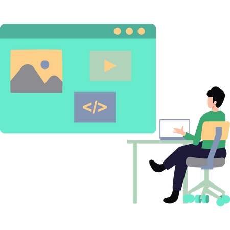 Un chico está trabajando en la codificación de páginas web.  Ilustración