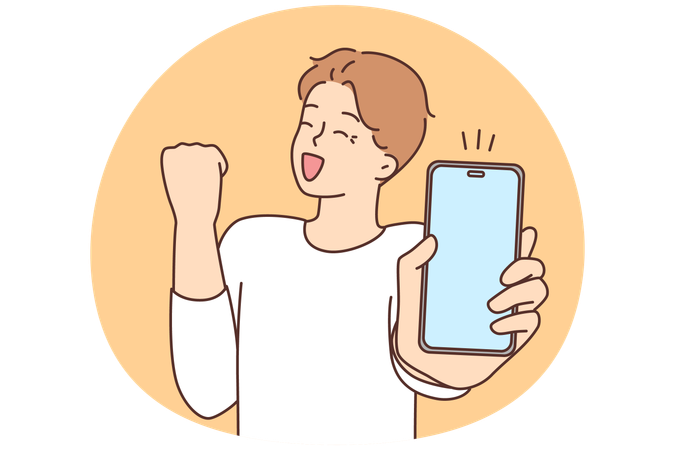 Un chico muy contento y emocionado por el mensaje en su celular  Illustration