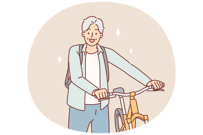 Un ciclista mayor se encuentra cerca de su bicicleta y mira la pantalla sonriendo mientras pasea en bicicleta por el parque.  Ilustración