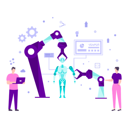 Un científico en el campo de la IA está creando un robot en un laboratorio utilizando una variedad de estrategias.  Illustration